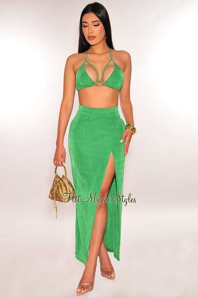 Green Gold Ring Triangle Top Slit Skirt Two Piece Set - Hot Miami Styles