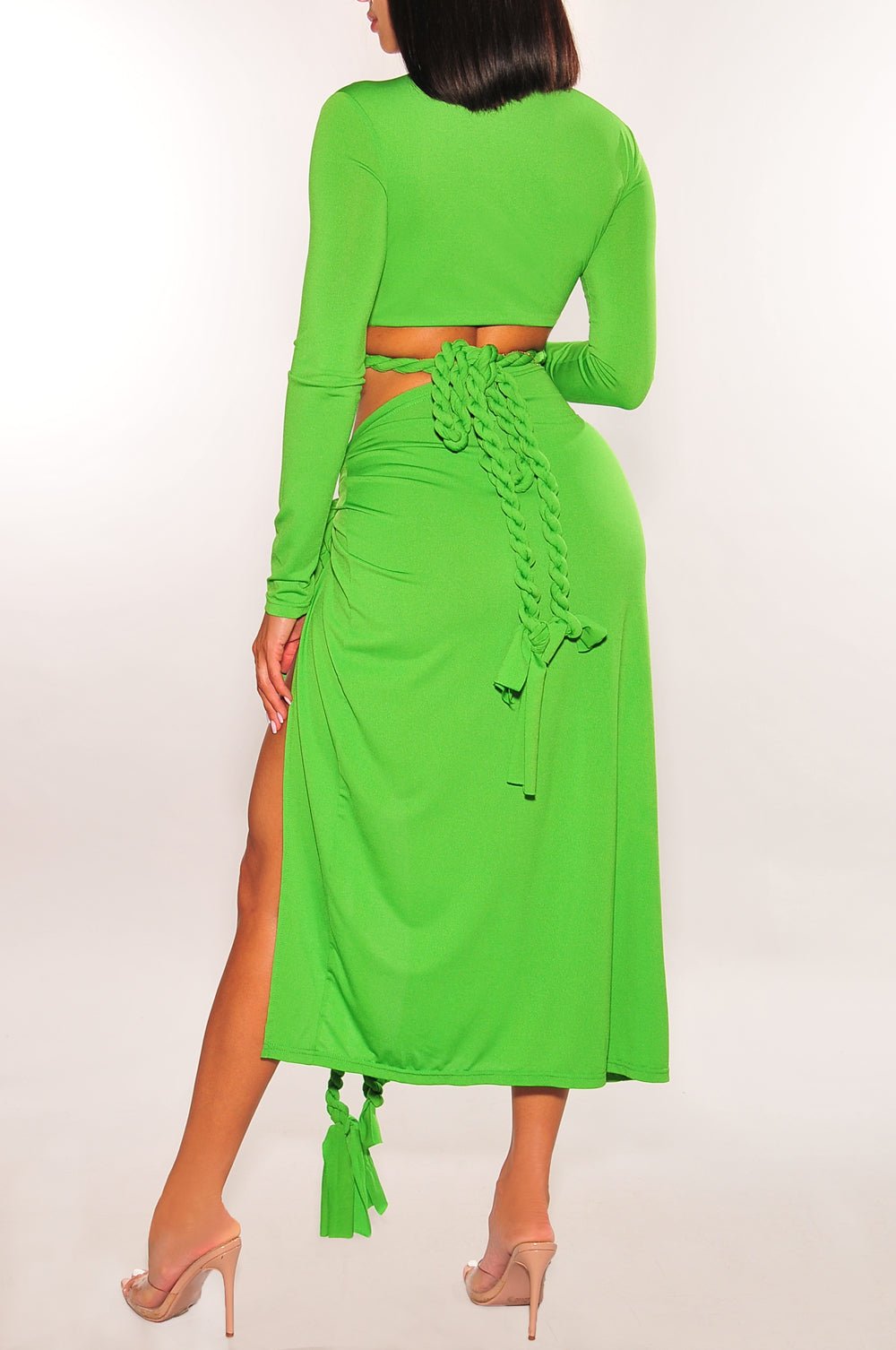 Green Long Sleeve Wrap Around Twist Rope Skirt Two Piece Set Hot Miami Styles Green Long Sleeve Wrap Around Twist Rope Skirt Two Piece Set Hot Miami Styles