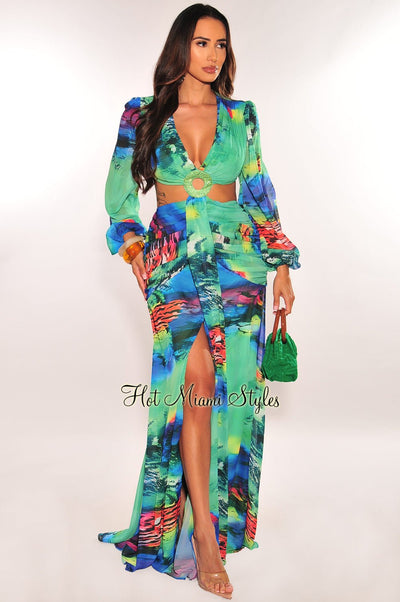 Green Multi Color Long Sleeve Cut Out Rhinestone O Ring Ruched Drape Slit Maxi Dress - Hot Miami Styles