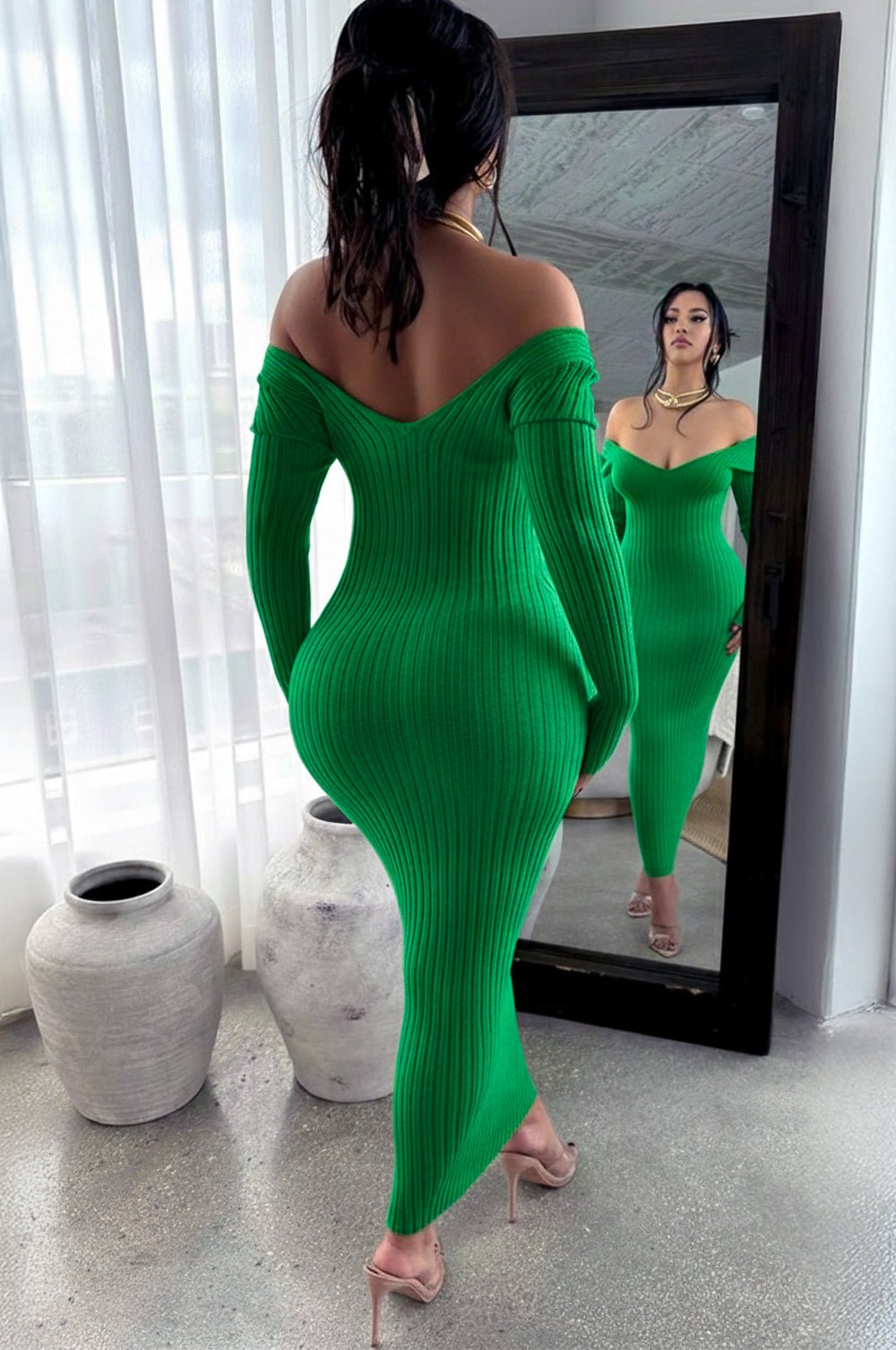 Green Ribbed Knit Long Sleeves Dress Hot Miami Styles Green Ribbed Knit Long Sleeves Dress Hot Miami Styles