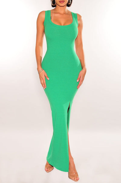 Green Ribbed Sleeveless Round Neck Slit Maxi Dress - Hot Miami Styles