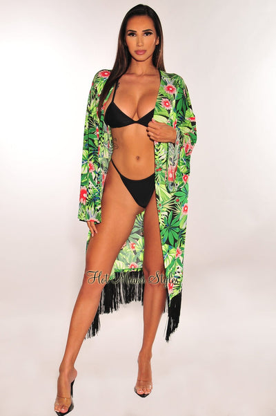 Green Tropical Print Kimono Sleeves Fringe Cover Up - Hot Miami Styles
