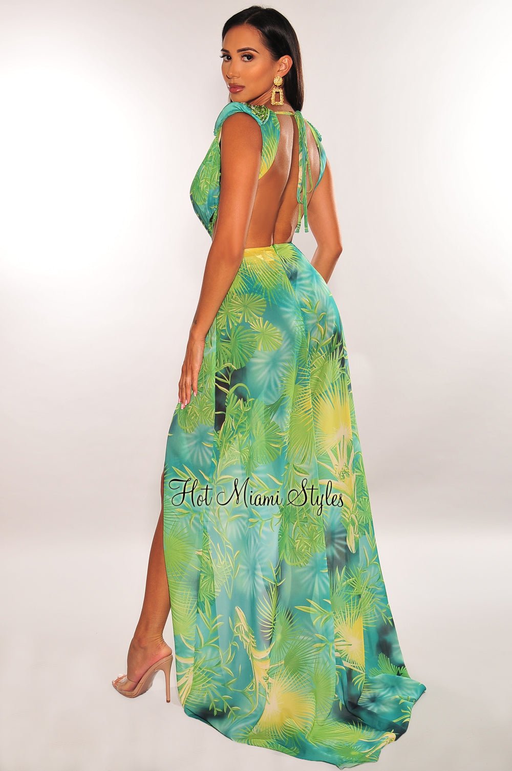 green emerald velvet dress Fearless Travels Green Tropical Maxi Dress – Shop the Mint main image 1