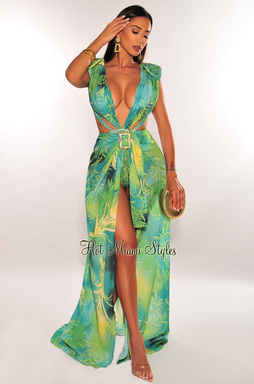 Green Tropical Print Plunge Studded Maxi Skirt Two Piece Set Hot