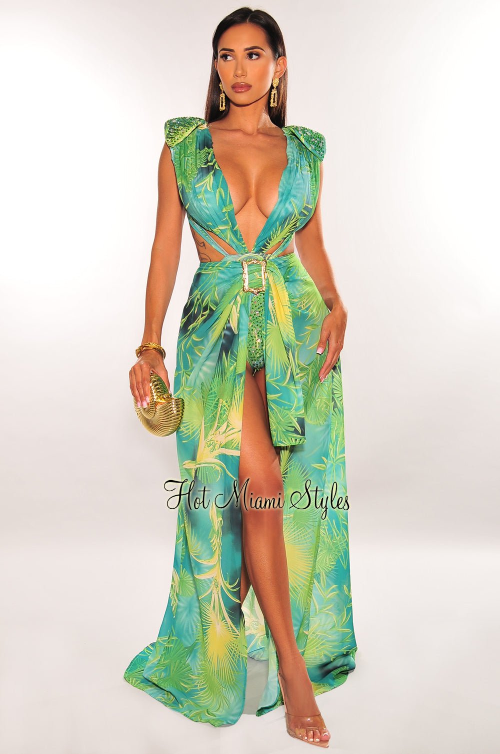 Green Tropical Print Plunge Studded Maxi Skirt Two Piece Set Hot Miami Styles