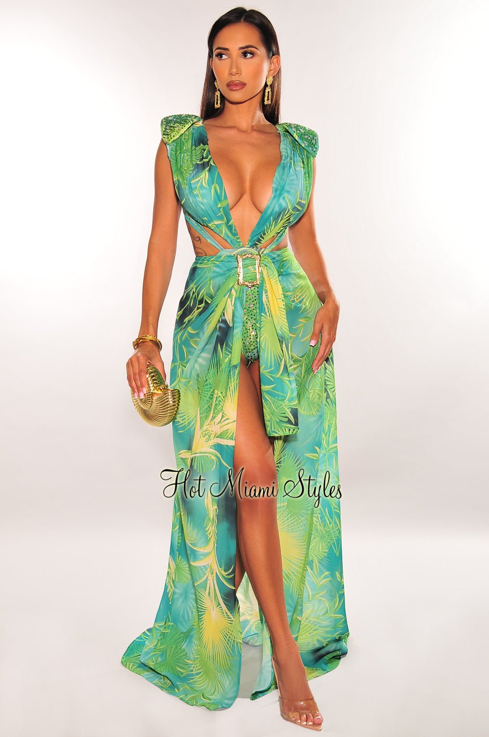 Green Tropical Print Plunge Studded Maxi Skirt Two Piece Set - Hot Miami Styles Green Tropical Print Plunge Studded Maxi Skirt Two Piece Set - Hot Miami Styles
