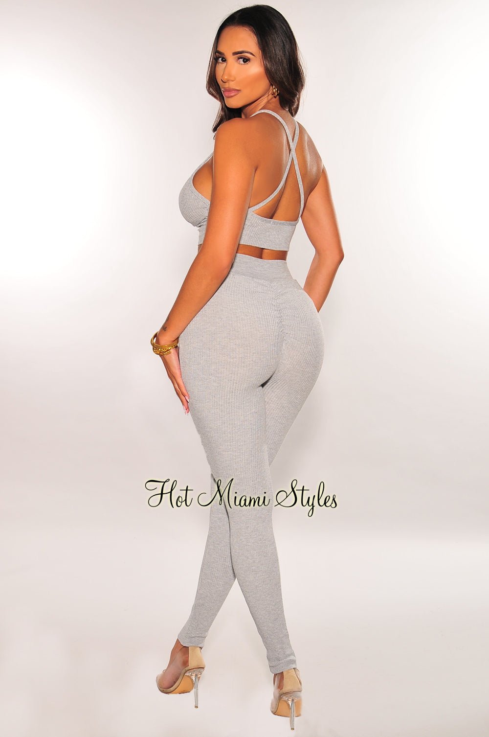 Heather Gray Spaghetti Strap Scrunch Butt Leggings Two Piece Set