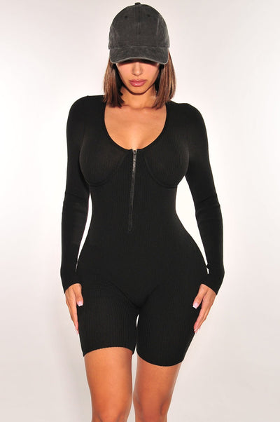 HMS Essential: Black Ribbed Knit Faux Bustier Zipper Long Sleeves Romper - Hot Miami Styles