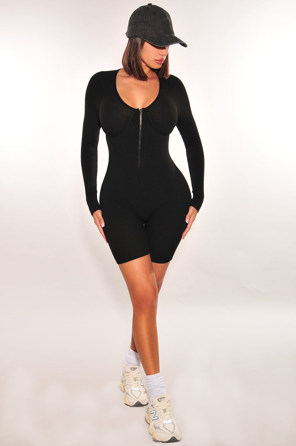 HMS Essential: Black Ribbed Knit Faux Bustier Zipper Long Sleeves