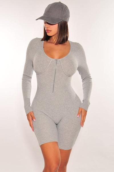 HMS Essential: Gray Ribbed Knit Faux Bustier Zipper Long Sleeves Romper - Hot Miami Styles