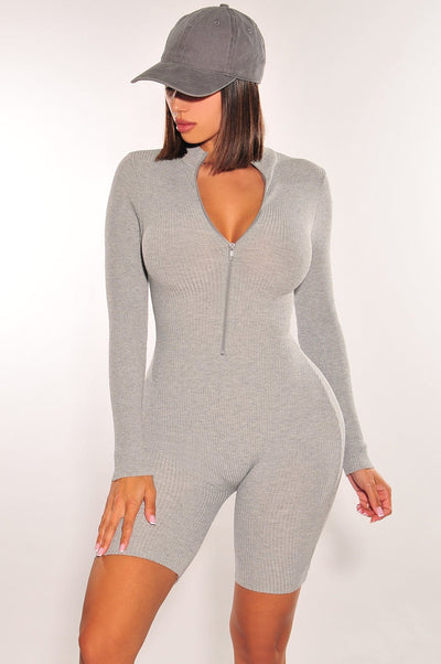 HMS: Essential: Gray Ribbed Knit Zipper Long Sleeves Romper - Hot Miami Styles