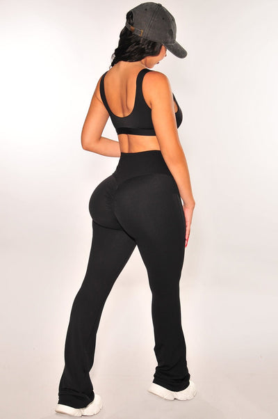 HMS Fit: Black High Waist Flared Scrunch Butt Leggings - Hot Miami Styles