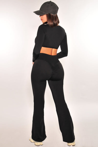 HMS Fit: Black Long Sleeve High Waist Scrunch Butt Flare Leggings Two Piece Set - Hot Miami Styles