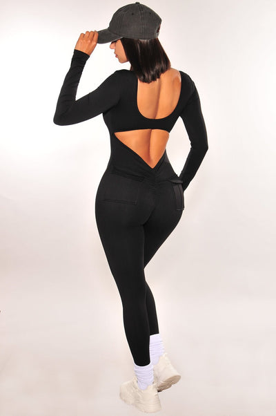 HMS Fit: Black Long Sleeves Padded Open Back Scrunch Butt Jumpsuit - Hot Miami Styles