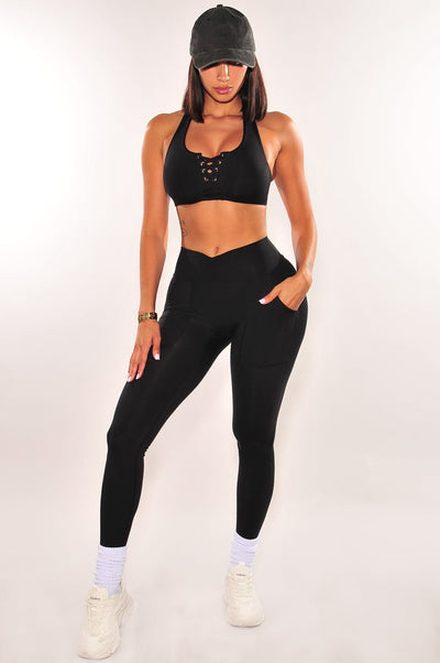 HMS Fit: Black Padded Racerback Cropped Scrunch Butt Leggings Two Piece Set - Hot Miami Styles