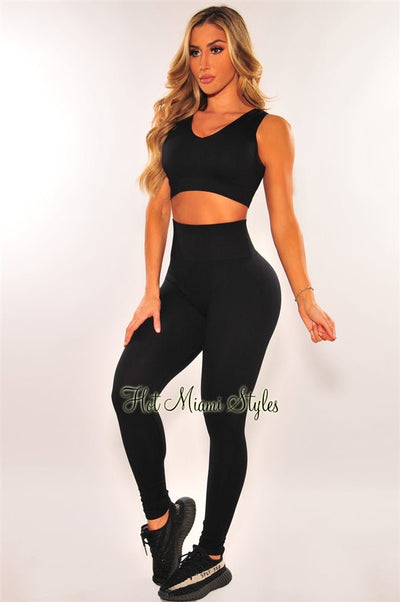 HMS Fit: Black Seamless Padded High Waist Leggings Two Piece Set - Hot Miami Styles