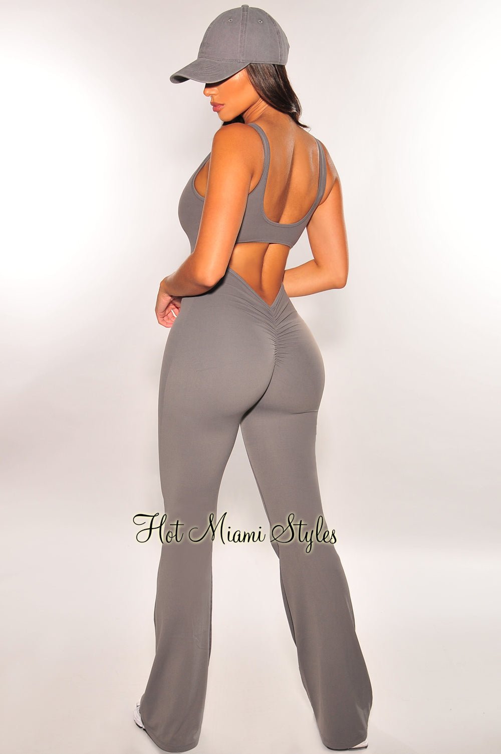 HMS Fit: Gray Padded Open Back Ruched Butt Flared Jumpsuit – Hot