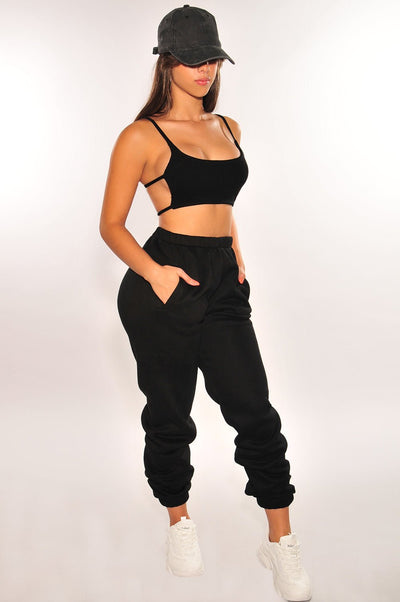 HMS Lounge: Black Ribbed Strappy Back Sweatpants Joggers Two Piece Set - Hot Miami Styles