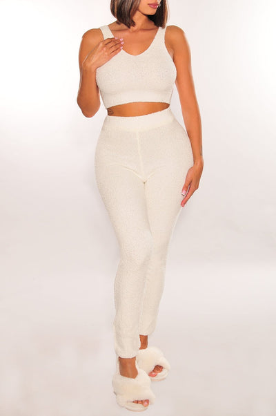 HMS Lounge: Off White Fuzzy Tank High Waist Jogger Pants Two Piece Set - Hot Miami Styles