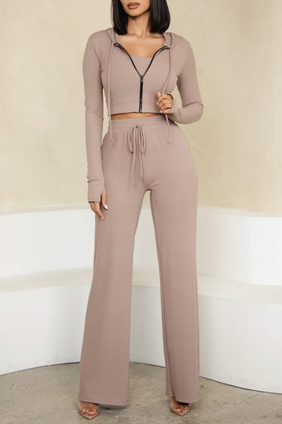 HMS Skins: Almond Baby Rib High Waist Drawstring Wide Leg Pants - Hot Miami Styles