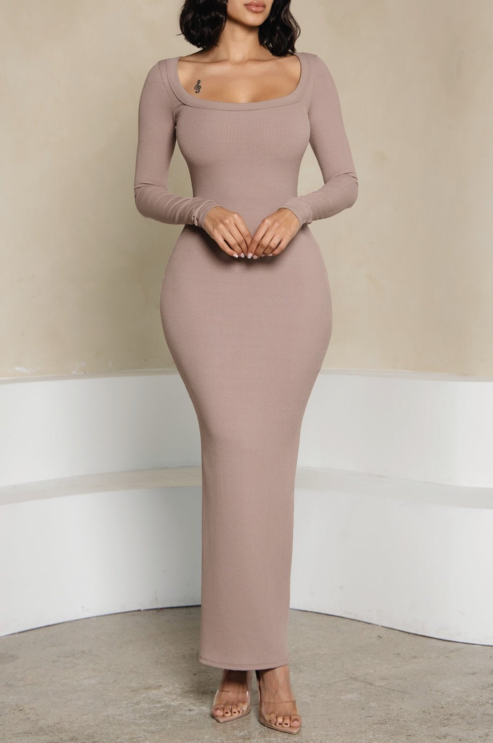 HMS Skins: Almond Baby Rib Long Sleeve Maxi Dress Medium HMS Skins: Almond Baby Rib Long Sleeve Maxi Dress Medium