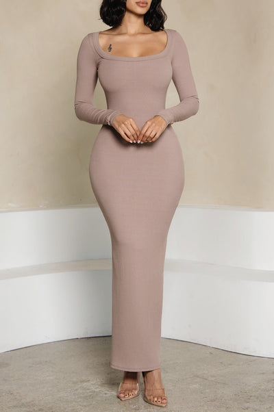 HMS Skins: Almond Baby Rib Long Sleeve Maxi Dress - Hot Miami Styles