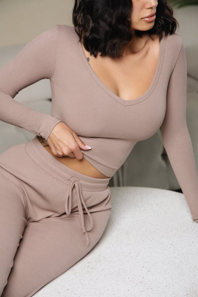 HMS Skins: Almond Baby Rib Long Sleeve V Neck Top - Hot Miami Styles