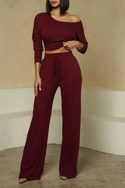 HMS Skins: Bordeaux Baby Rib High Waist Drawstring Wide Leg Pants - Hot Miami Styles