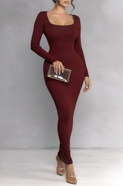 HMS Skins: Bordeaux Baby Rib Long Sleeve Maxi Dress - Hot Miami Styles