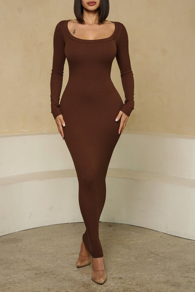 HMS Skins: Chocolate Baby Rib Long Sleeve Maxi Dress - Hot Miami Styles