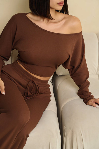 HMS Skins: Chocolate Baby Rib Off Shoulder Long Sleeve Top - Hot Miami Styles