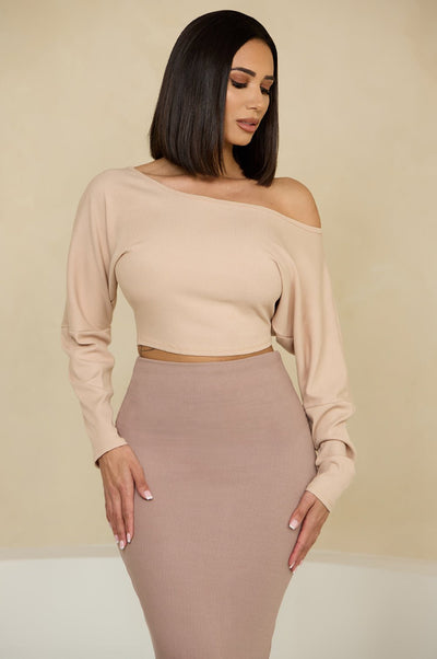 HMS Skins: Tan Baby Rib Off Shoulder Long Sleeve Top - Hot Miami Styles