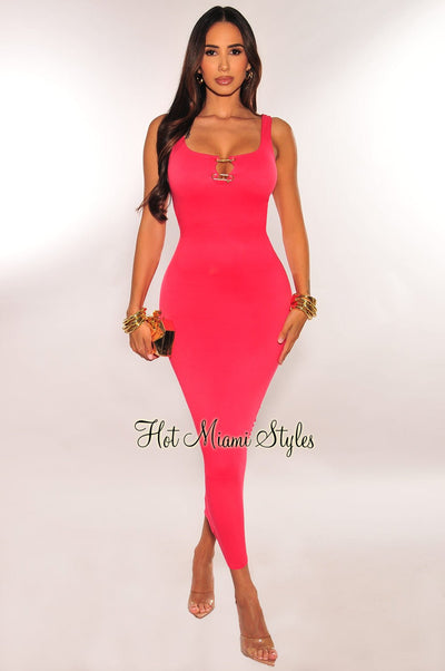 Hot Pink Sleeveless Gold Ring Cut Out Ruched Back Dress - Hot Miami Styles