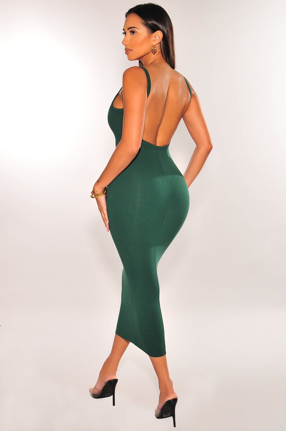 La Luxe Hunter Green Ribbed Spaghetti Strap Sleeveless Open Back Midi Dress Hot Miami Styles Small