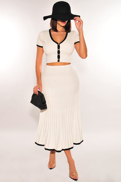 White Black Contrast Trim Pleated Knit Two Piece Skirt Set