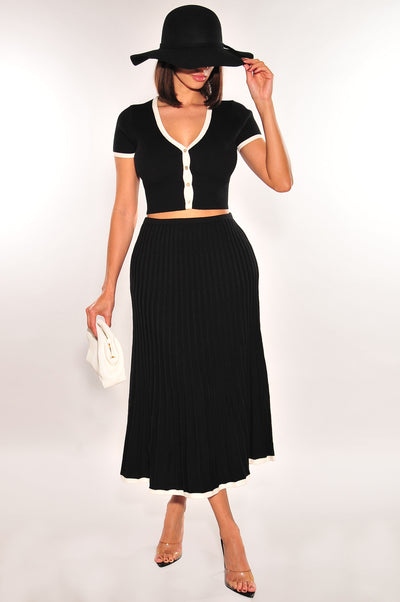 Black White Contrast Trim Pleated Knit Two Piece Skirt Set