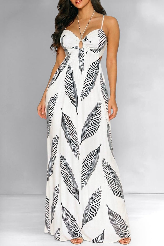 Ivory Navy Blue Leaf Print Cut Out Maxi Dress Large