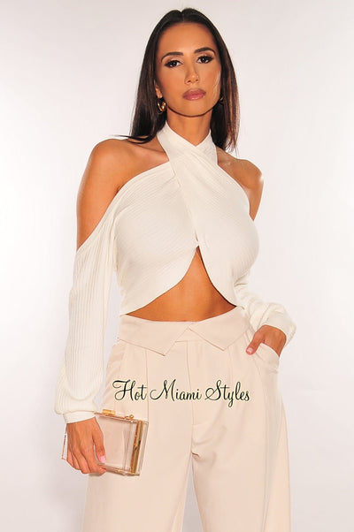Ivory Ribbed Halter Twist Cut Out Cold Shoulder Cropped Top - Hot Miami Styles