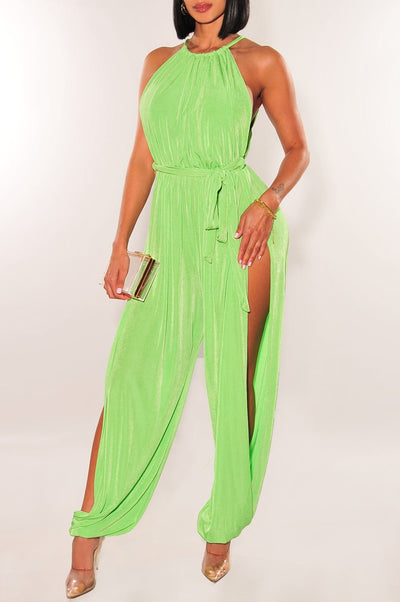 Kelly Green Slit Hem Belted Harem Jumpsuit - Hot Miami Styles