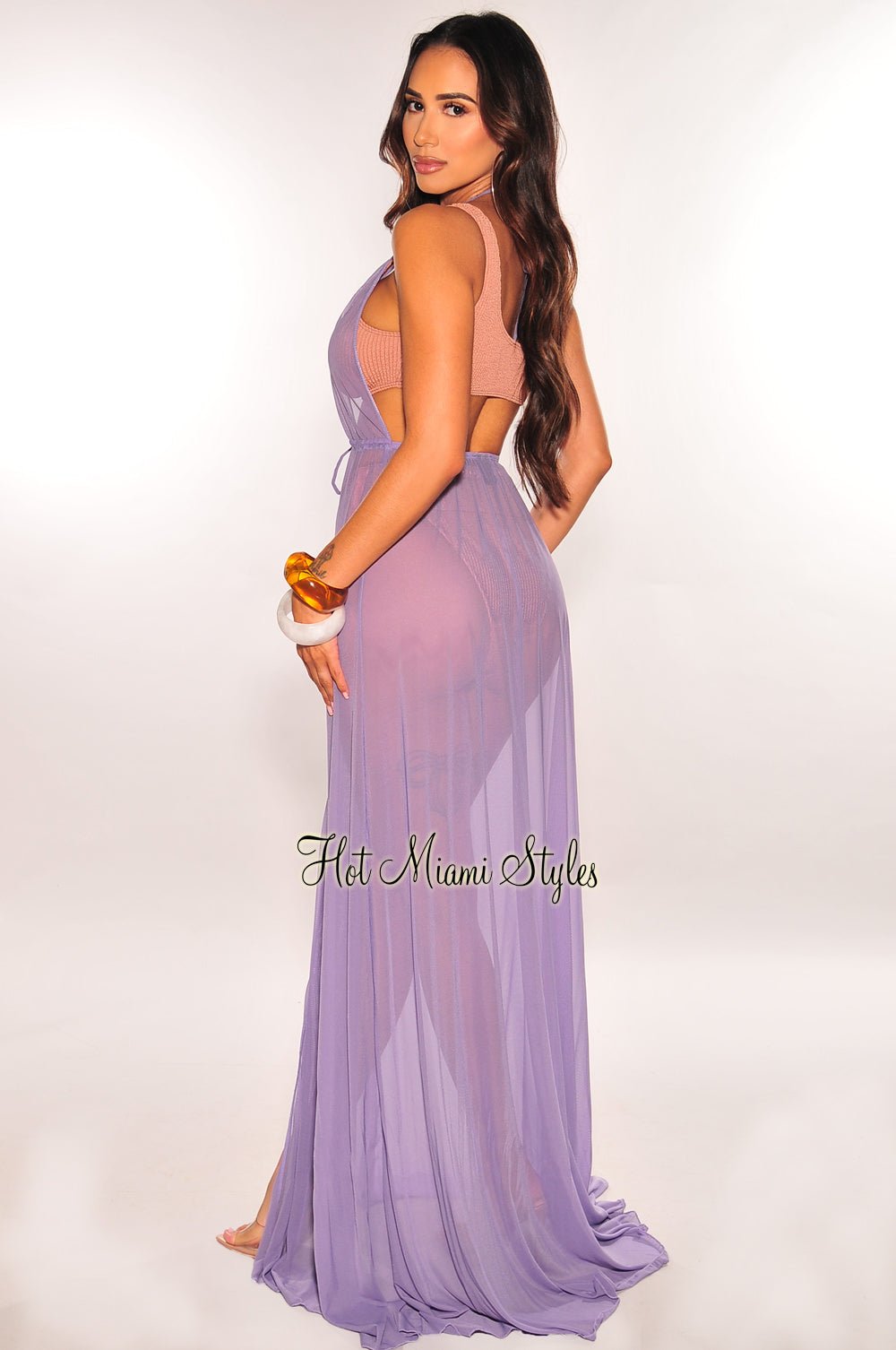 Lavender Mesh Halter Drawstring Open Back Maxi Cover Up - Hot Miami Styles Lavender Mesh Halter Drawstring Open Back Maxi Cover Up - Hot Miami Styles