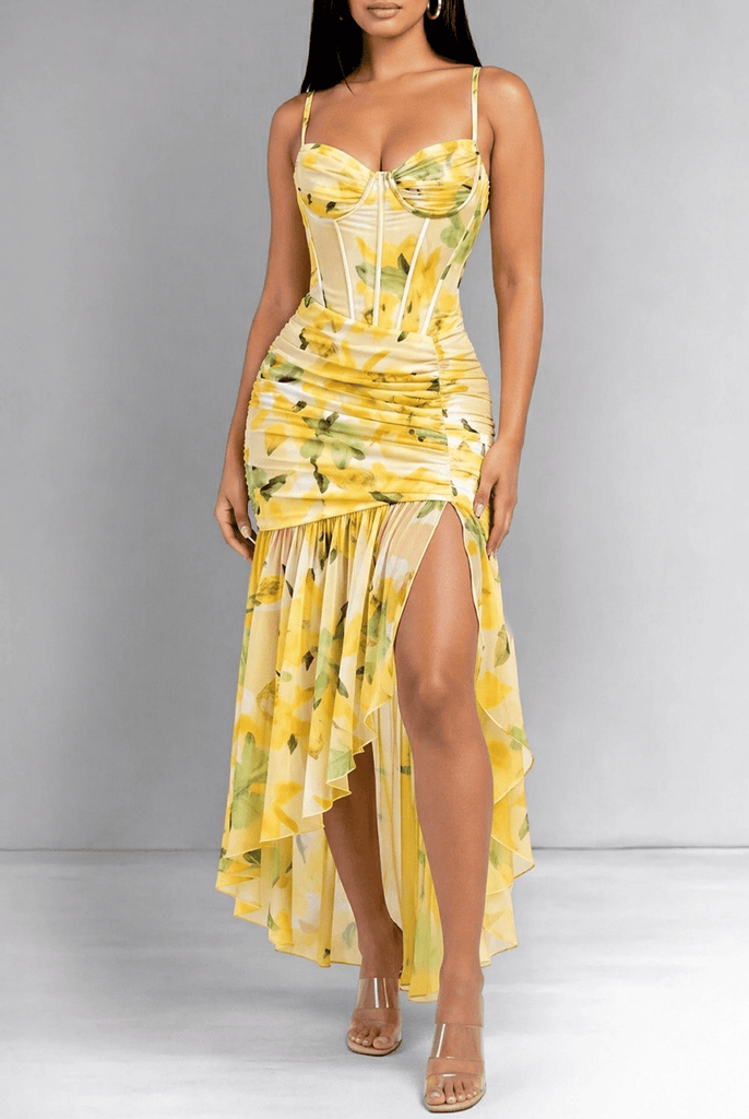 Lemon Floral Print Corset Mesh Asymmetrical Maxi Dress Hot Miami Styles Lemon Floral Print Corset Mesh Asymmetrical Maxi Dress Hot Miami Styles