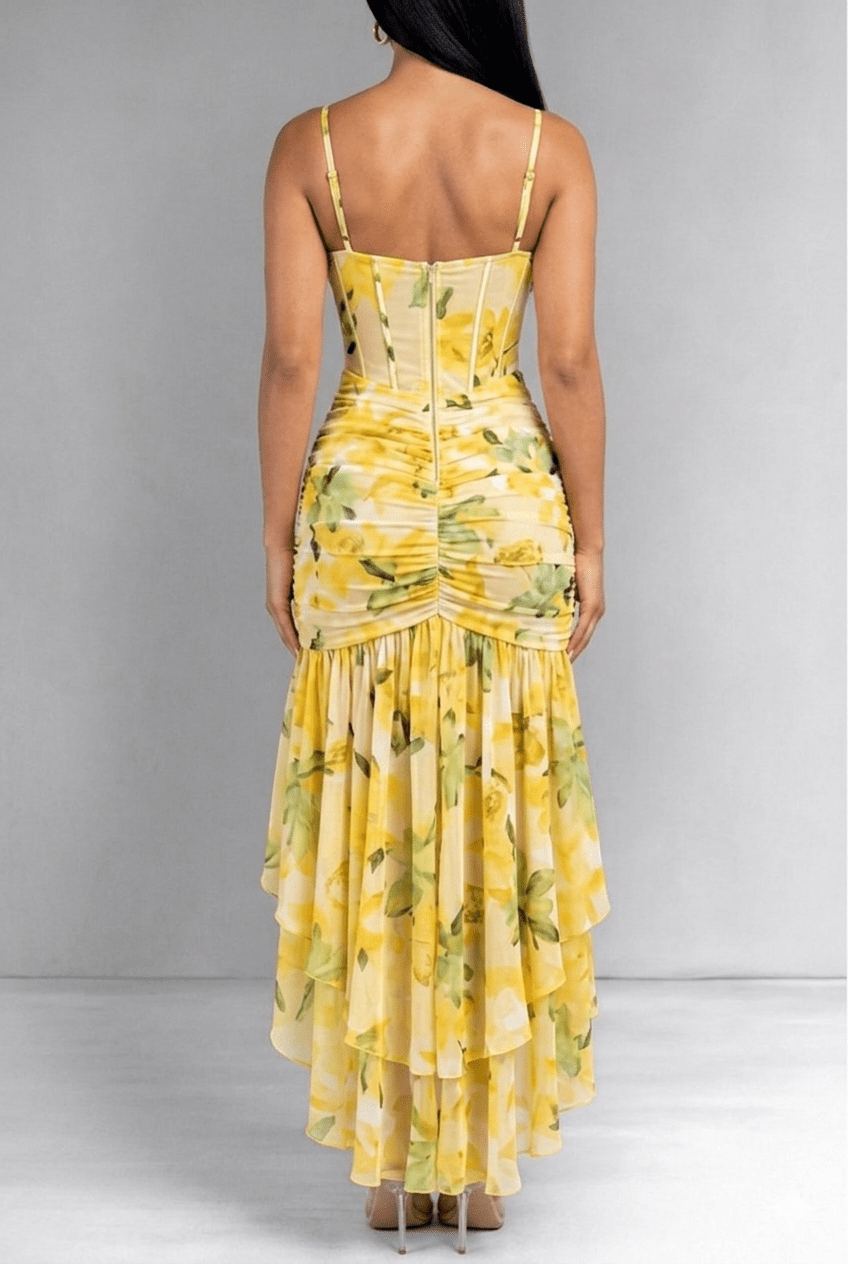 Lemon Floral Print Corset Mesh Asymmetrical Maxi Dress  Hot Miami Styles