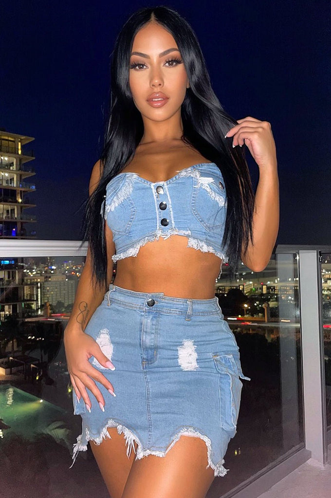 Light Denim Strapless Distressed Cargo Skirt Two Piece Set – Hot
