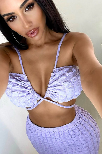 Lilac Bubble Textured Spaghetti Strap Tie Up Skirt Two Piece Set - Hot Miami Styles