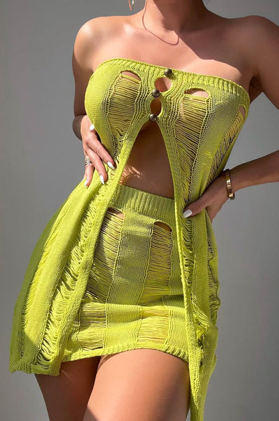 Lime Green Crochet Ladder Strapless Slit Top Skirt Two Piece Set - Hot Miami Styles