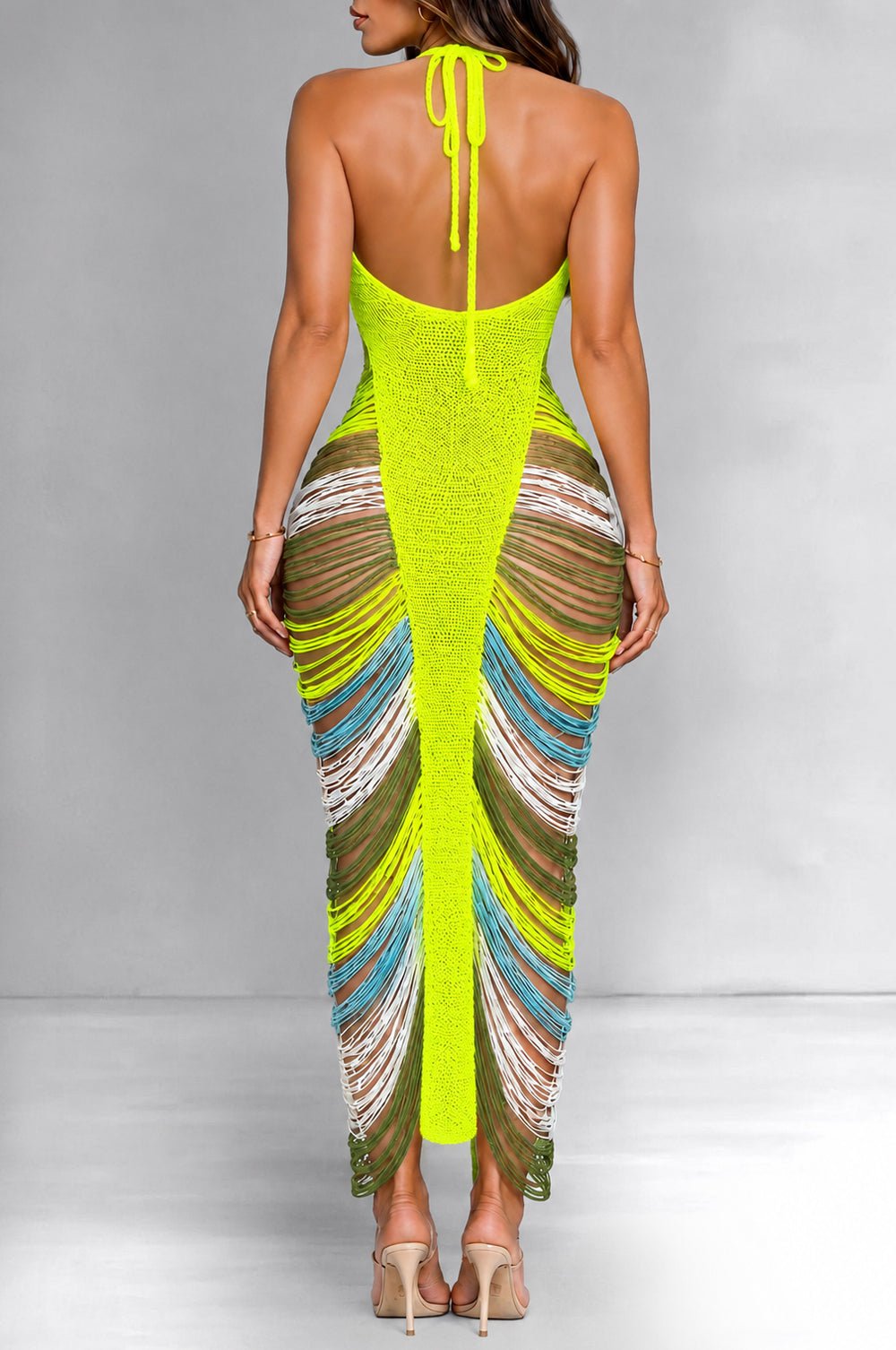 Lime Multi Color Crochet Halter Fringe Maxi Dress – Hot Miami Styles