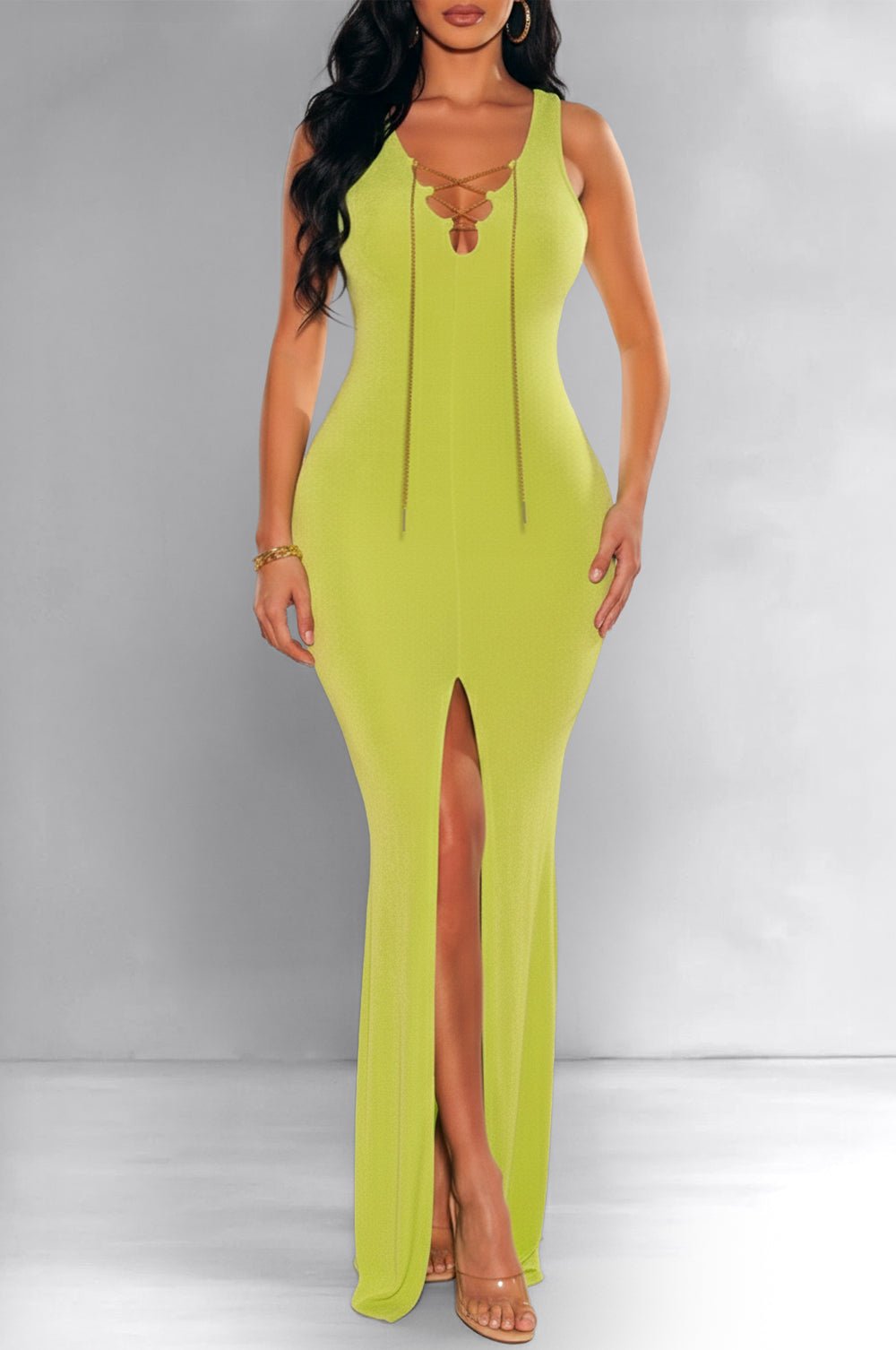 Lime Sleeveless Gold Chain Lace Up Slit Gown Medium Lime Sleeveless Gold Chain Lace Up Slit Gown Medium