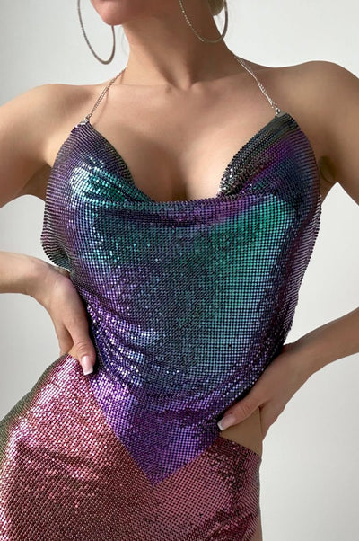 Mermaid Metallic Chainmail Halter V Hem Crop Top - Hot Miami Styles