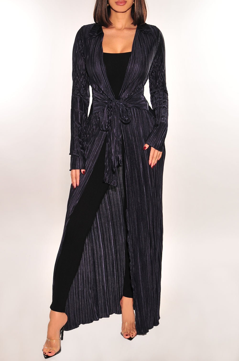 Midnight Ribbed Collared Belted Long Sleeve Duster - Hot Miami Styles Small Midnight Ribbed Collared Belted Long Sleeve Duster - Hot Miami Styles Small