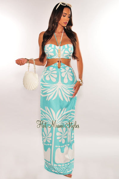 Mint White Print Two Toned Strapless Beaded Dress - Hot Miami Styles